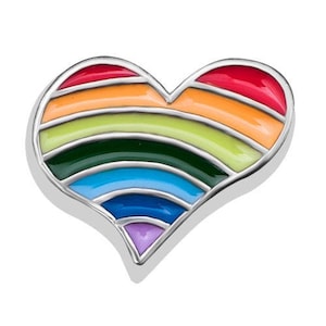 May include: A silver heart-shaped charm with a rainbow enamel design. The rainbow has seven colors: red, orange, yellow, green, blue, indigo, and violet.