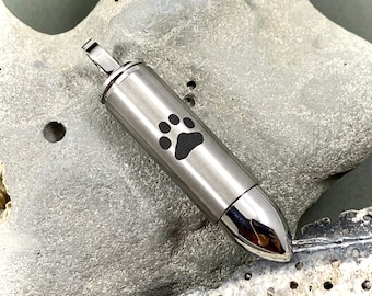 Pet Cremation Jewelry Engraved Urn Silver Bullet PENDANT or NECKLACE Holds Cremains Ashes Ash Locket Dog Cat Loss Memorial Vial Pawprint