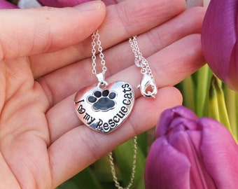 Rescue Cats Necklace Jewelry Sterling Silver .925 Chain w Plated Paw Print Heart Charm Pendant Rescued Kitty I Love My Kitten Adoption Gift