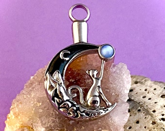 Urn Cat Moon Cremation PENDANT or NECKLACE Holds Cremains Ash Locket Kitten Kitty Loss In Memory of Beloved Pet Memorial Gift Ladies Silver