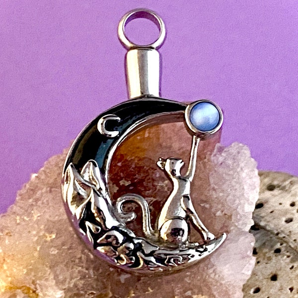 Urn Cat Moon Cremation PENDANT or NECKLACE Holds Cremains Ash Locket Kitten Kitty Loss In Memory of Beloved Pet Memorial Gift Ladies Silver