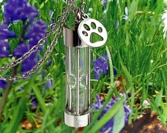 Hour Glass Pet Cremation Jewelry Vial Paw Print Charm Urn for Ashes Necklace Ash Pendant Dog Cat Memorial Gift Stainless Steel Silver Time