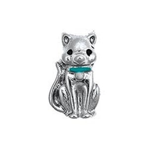 May include: A silver charm in the shape of a sitting cat with a turquoise collar.