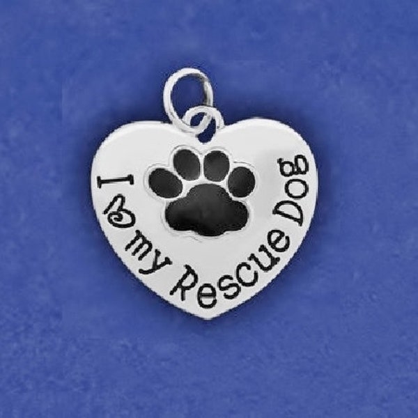 Dog Charm Pendant Sterling Silver Plt Paw Print I Love My Rescue Lover Heart Pendant Puppy Mom Necklace Bracelet Chain Earrings Gift Options