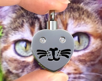 Urn Cat Face Heart Cremation PENDANT or NECKLACE Holds Cremains Ash Locket Kitten Kitty Loss In Memory of Beloved Pet Memorial Gift Crystals