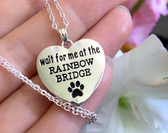 Wait for Me at the Rainbow Bridge Necklace Jewelry Sterling Silver 925 Chain w Plated Paw Print Charm Dog Cat Pet Memorial Gift Loved Loss