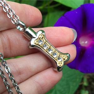 Silver Gold Crystal Bone Dog Cremation Jewelry Vial for Ashes Urn Necklace Ash Pendant Pet Memorial Gift Stainless Steel Chain Loss Bling