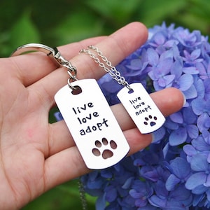 Pet Lovers 2pc Key Chain Necklace Set Couples Live Love Adopt Pet Rescue Animal Adoption Dog Cat Paw Print Gift His and Her Keyring Keychain