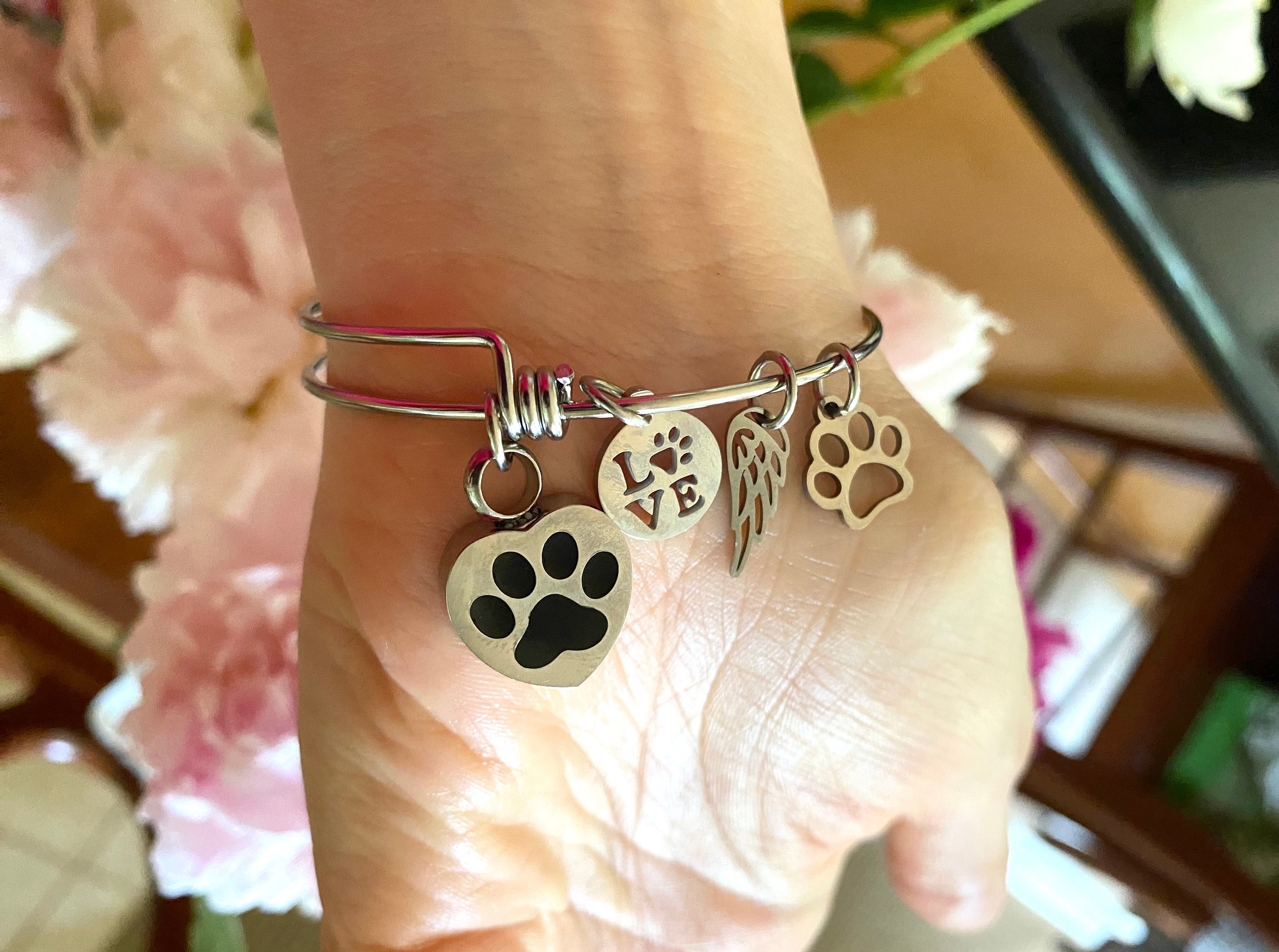 Pet Cremation Urn Bracelet Dog Cat Paw Print Expandable Wire Bangle ...