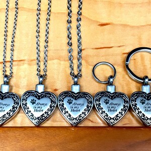 May include: Five silver heart-shaped cremation pendants with a paw print and the inscription "Always in my Heart". One pendant is attached to a silver key chain.