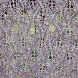 May include: A close-up of a knitted scarf with a delicate, lacy pattern in a light grey colour.