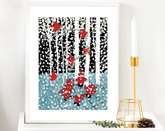 Five, Cardinals and Tomtes, forest dance, Scandi Jul, Holiday, Christmas, Swedish interior, nature folk art, cardinals in snow, Minnesota