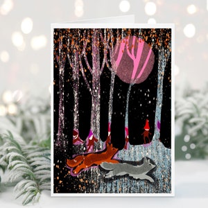 Fox Run Night forest Pink Moon holiday card set