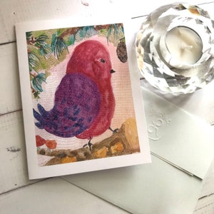 Watercolor Robin red bird with flowers greeting card