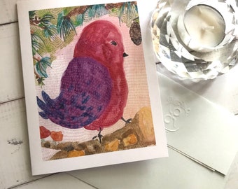 Watercolor Robin red bird with flowers greeting card