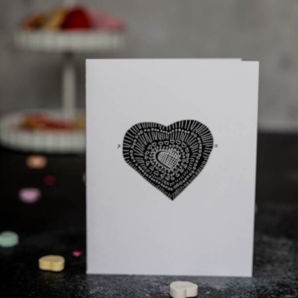 Valentine card, heart card, minimal design, minimal card, blank inside, black and white art, detailed design, love card, heartfelt card