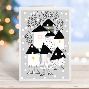 Christmas Card Snowy Village Houses, Winter Birch Holiday Cards, Nordic Charm, Christmas Card Single or Set