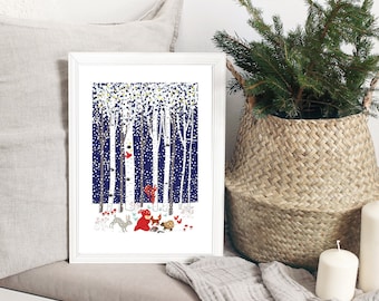 Woodland Friends, Birch art, forest  animals, cabin print, holiday wall art, animals in woods, birch and animal art, christmas card scene