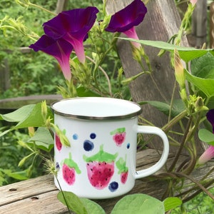 Strawberry and Blueberry, Enamel Mug, camping mug, summer berry mug, kids berry mug, scandi mug, summer birthday gift, camping gift