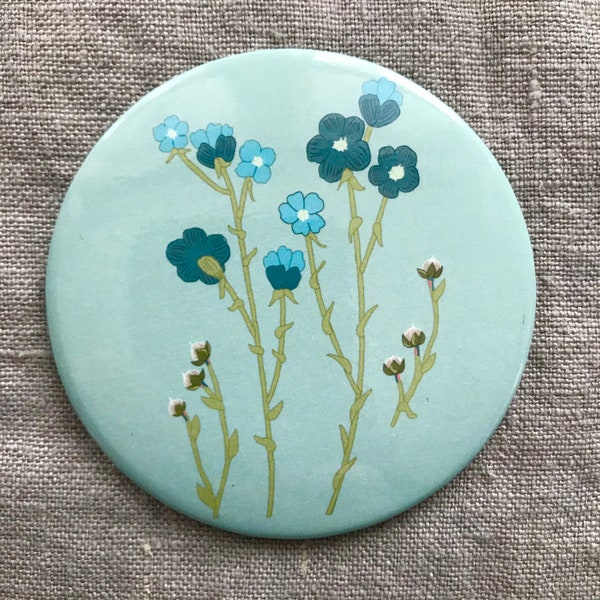 Blue Linen mirror, hand mirror, pocket mirror, botanical mirror, floral purse mirror, purse mirror, lipstick mirror, blue mirror, linen