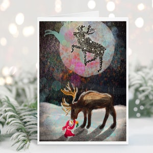 Moose Winter holiday card with gnome and snow