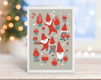 gnome and mushroom holiday card in red and gray