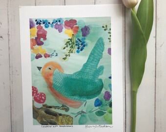 Lovebird, with mushrooms, , bird art, colorful bird, flowers and lovebird, flowers and mushrooms, bird print, Mother's day gift