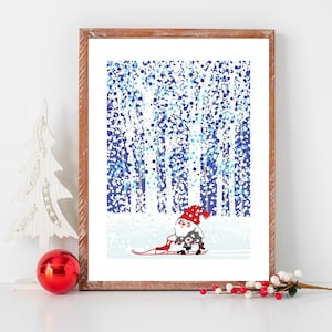 Kicksled with Nisse, winter snowfall, snow in the woods, snowy scene, birch with tomte, gnome in snow, christmas print, christmas art