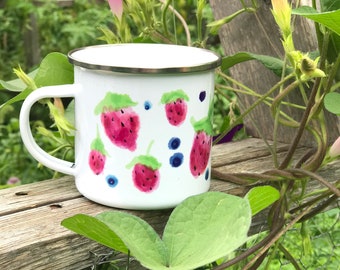 Strawberry and Blueberry, Enamel Mug, camping mug, summer berry mug, kids berry mug, scandi mug, summer birthday gift, camping gift