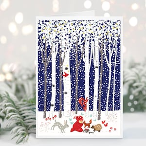 Woodland animal and gnome snowy forest Christmas card