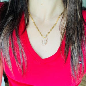 Gold Carabiner Necklace - Link Chain Necklace - Pave Screw Clasp Necklace - Carabiner Necklace - Diamond station  carabiner necklace