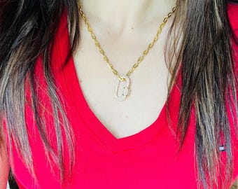 Handmade Gold Carabiner Necklace: Cubic Zirconia Pave Clasp