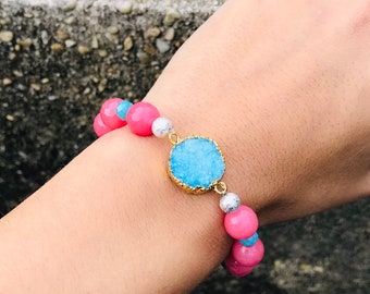 Druzy Bracelet, Pink Jade Bracelet, Gemstones Bracelet, Jade Bracelet, Bohemian Bracelet