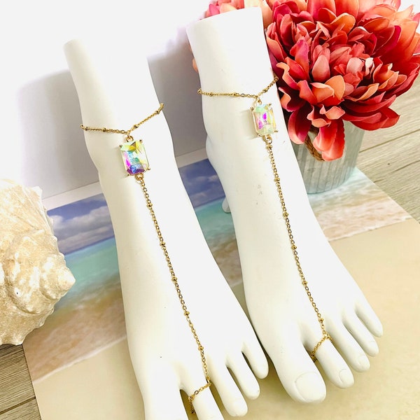 Barefoot Sandal - Woman Gold Plated Anklet - Beach Wedding Foot Jewelry - Crystal Barefoot Sandal - Sexy Foot Jewelry