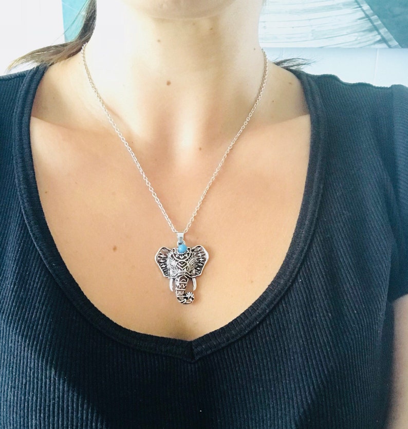 Silver Moon Elephant Pendant Necklace – Boho Gypsy Hippy Jewelry – Docona