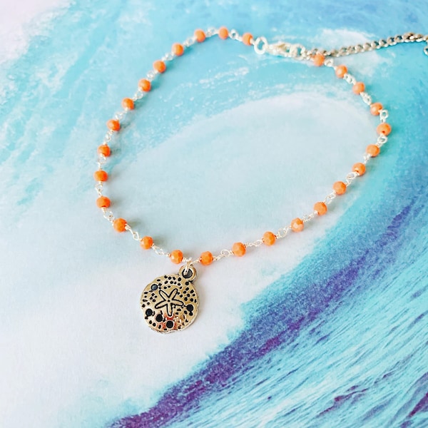 Woman Anklet- Sand Dollar Anklet - Beach Theme Anklet - Woman Anklet - Gemstones Anklet - Silver Plated Anklet - Orange Anklet -