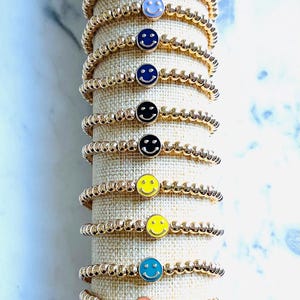 Smiley Face Bracelet - Happy Face Bracelet - Gold Beaded Bracelet with Smiley Face