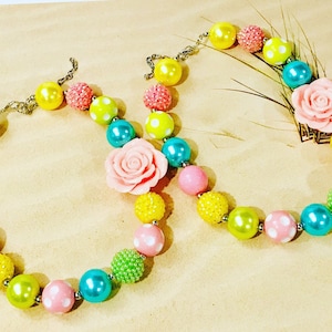 Easter Chunky  Necklace - Pink Flower Rainbow Necklace - Kids Flower Necklace - Flowers Kids Necklace- Easter Bubblegum Necklace