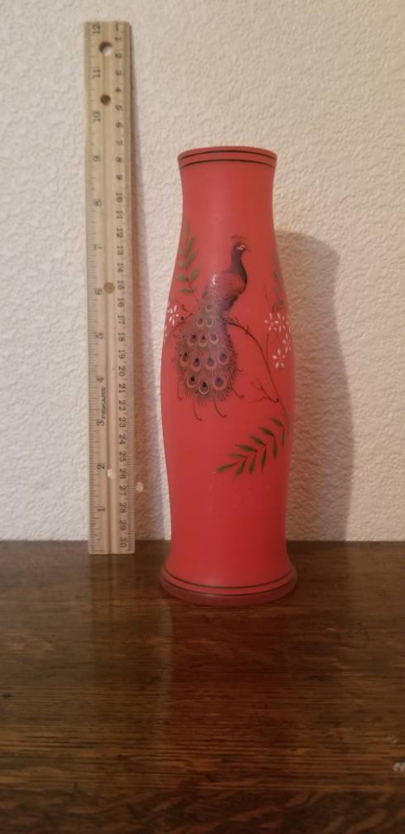 Beautiful Vintage Handpainted Peacock Vase Burnt Orange Red Frosted Glass