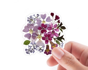 Lilac, Cherry Blossoms & Mallow Vynil Sticker, Flower Bouquet sticker, Pressed flowers, Summer Garden, Floral, Botanical Kiss Cut sticker,