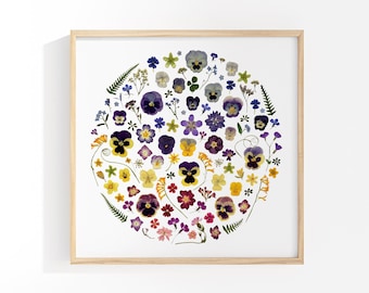 Pressed Flower Art, PRINT 30.5cm, Flower Circle I, Pansies, Lucky Clover, Forget Me Not, Fern, Botanical decor, Floral wall art, UNFRAMED