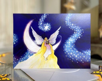 Winter Angel card, Watercolour print card, Angel on the Moon card, Angel Weaving snowflakes card, Angel With Lyra card, Christmas card,