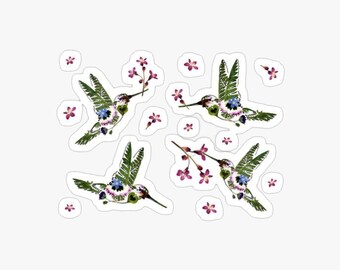 Hummingbird vinyl sticker set, Gloss, Pressed Flower art, Flying Bird, kiss-cut sticker, floral, fern, botanical sticker, for scrapbooking