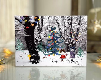 Snowball Making in a woodland, Winter wildlife card, Children enjoy snow card, Forest animal card, Festive season card,