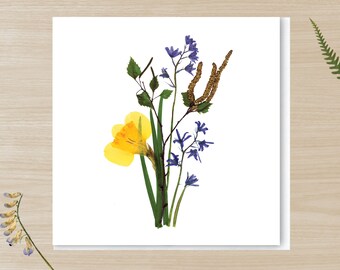 Pressed Flowers PRINTED card, Daffodil, Bluebell, Birch branch card, Springtime flower card, Dried flower card, Botanical, Floral birthday,