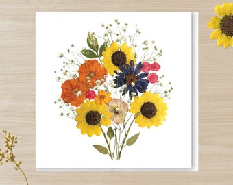 Pressed flower PRINTED card, SUNFLOWER BOUQUET card, Floral blank card, Botanical greeting card, Autumn flower card, Daisy, Zinnia card,
