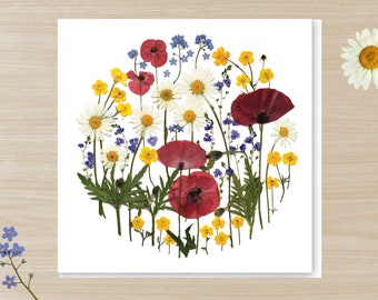 Pressed Flower PRINTED card, Daisy & Red Poppy card, Summertime Meadows card, Forget Me Not, Yellow buttercup card, Botanical card, Floral,