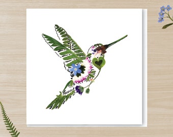 Pressed Flower PRINTED card, Hummingbird card, Flying bird card, Botanical blank card, Floral design card, Fern, Forget me not flower card,