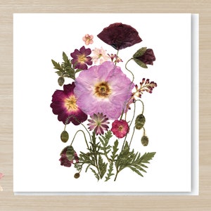 Pressed Flower PRINTED Card, Rose & Poppy Bouquet card, Dried flower card, Botanical design card, Summer garden card, Floral pattern card,