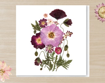 Pressed Flower PRINTED Card, Rose & Poppy Bouquet card, Dried flower card, Botanical design card, Summer garden card, Floral pattern card,